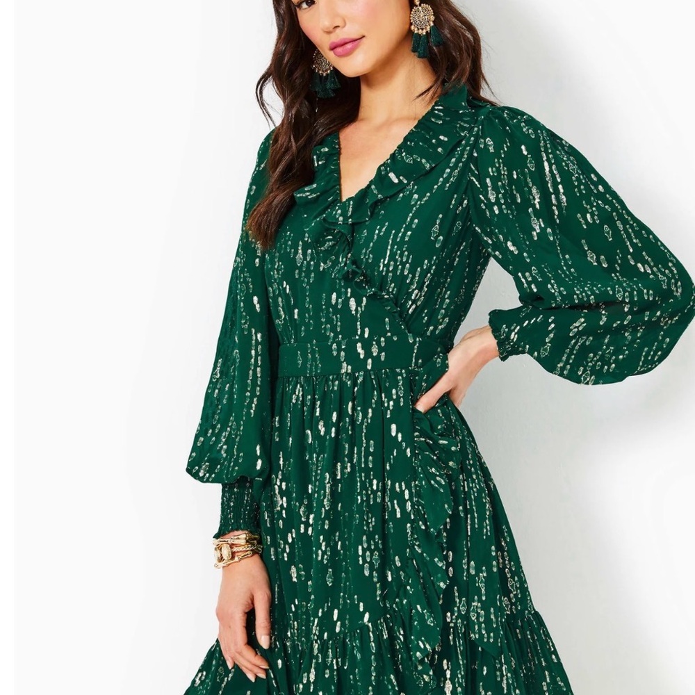 NWT - Lily Birdy Long Sleeve Silk Dress - Evergreen - Size 16